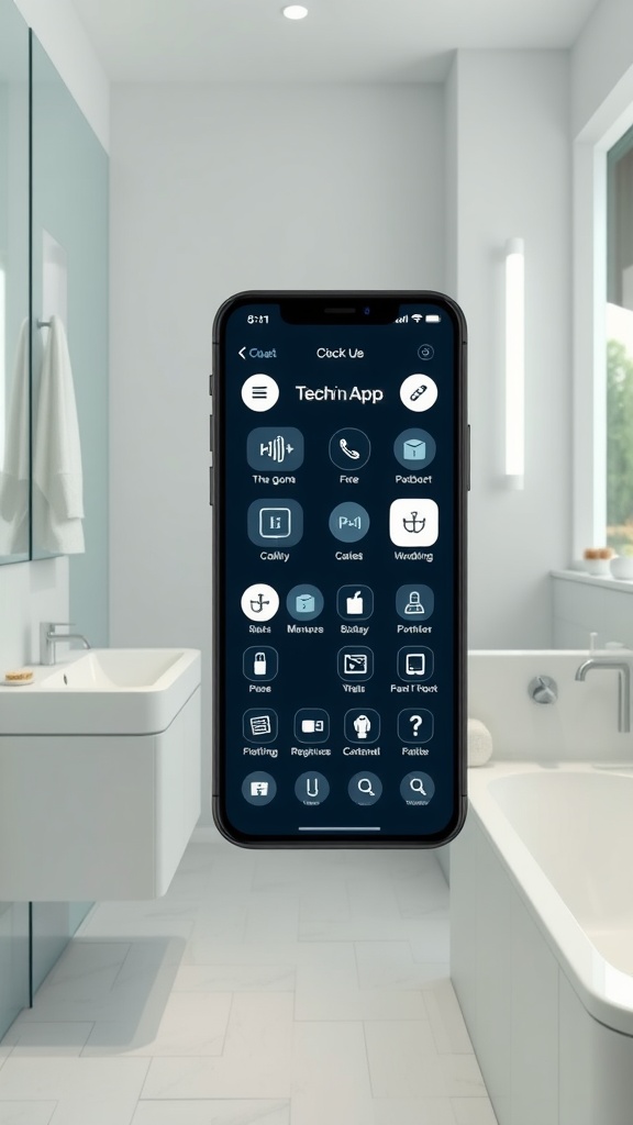 A smartphone displaying a skincare app in a modern bathroom setting