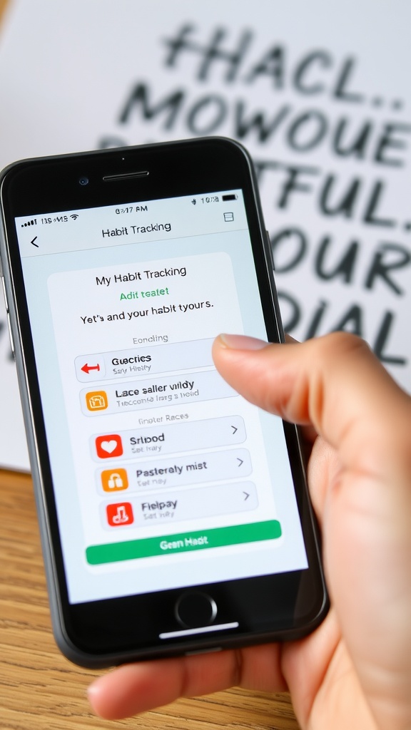 A smartphone displaying a habit tracking app with various tasks listed, held in a person's hand