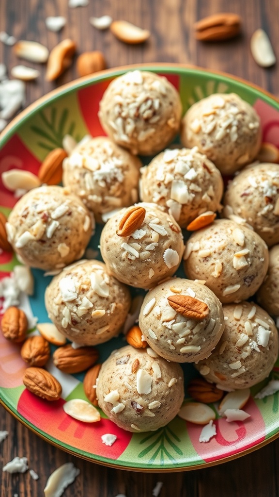 Vanilla almond energy bites on a plate with almonds and coconut flakes.