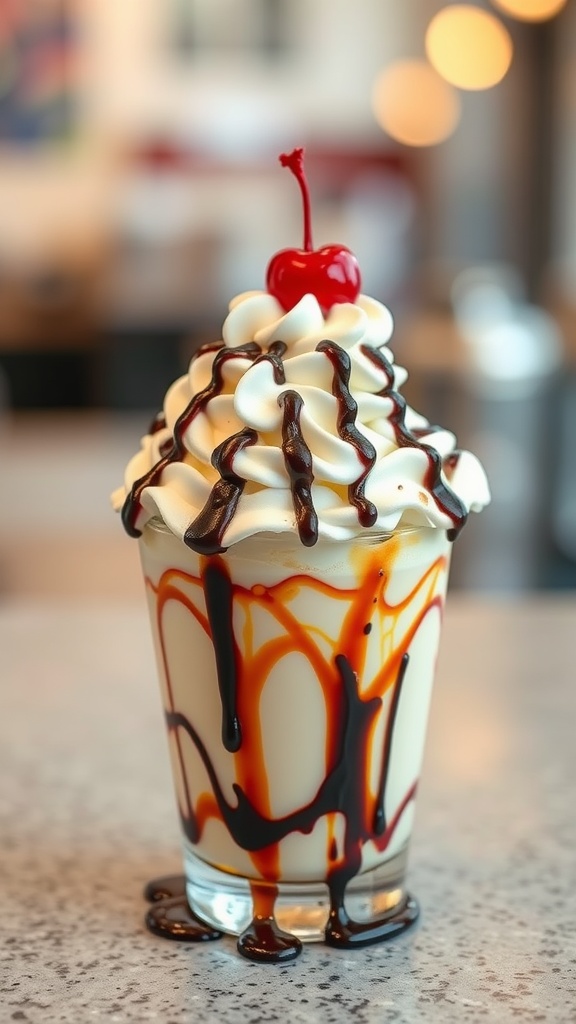 A vanilla ice cream sundae topped with chocolate syrup, whipped cream, and a cherry.
