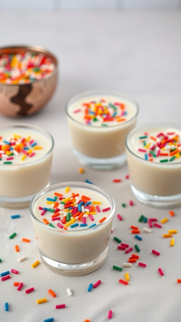 Creamy vanilla pudding cups topped with bright sprinkles.