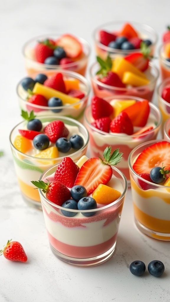 Vanilla pudding fruit cups with various fresh fruits on top.