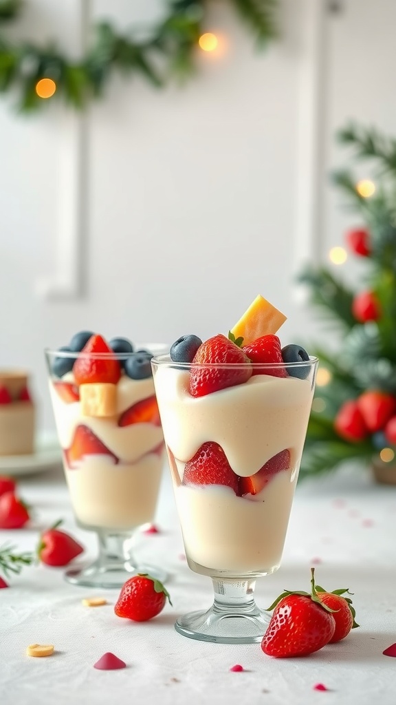 Delicious vanilla pudding parfaits layered with fresh berries in clear glasses.