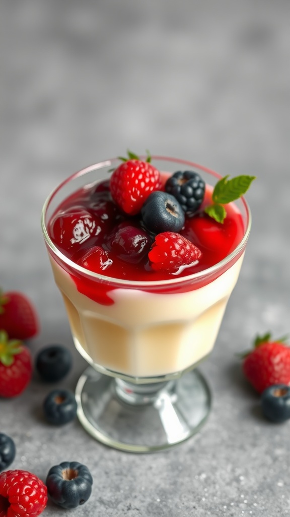 A glass of vanilla pudding topped with mixed berries and compote.