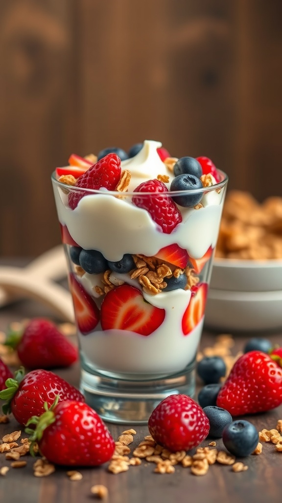 A glass of vanilla yogurt parfait layered with strawberries, blueberries, and granola.