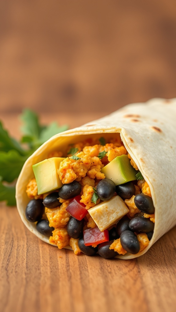 A close-up of a vegan breakfast burrito filled with tofu, black beans, and avocado.