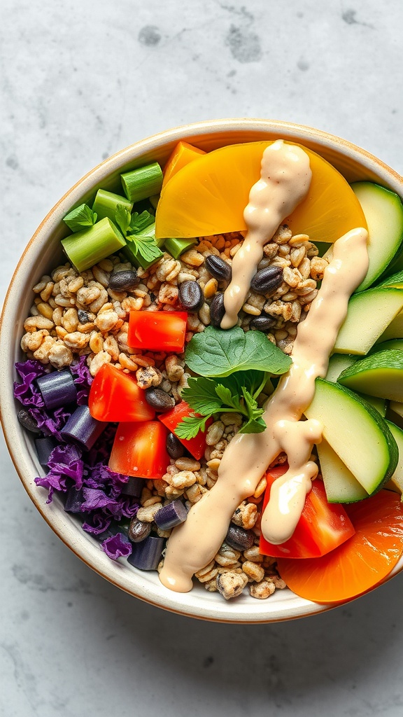 A colorful Vegan Buddha Bowl featuring grains, fresh vegetables, and tahini dressing.