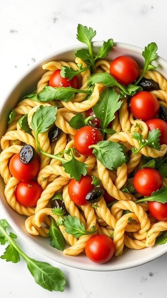 A bowl of vegan pasta salad with cherry tomatoes, olives, and fresh greens.