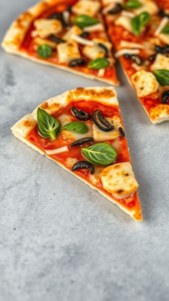 A slice of vegan pizza with a cauliflower crust topped with tomato sauce, vegan cheese, mushrooms, and fresh basil.