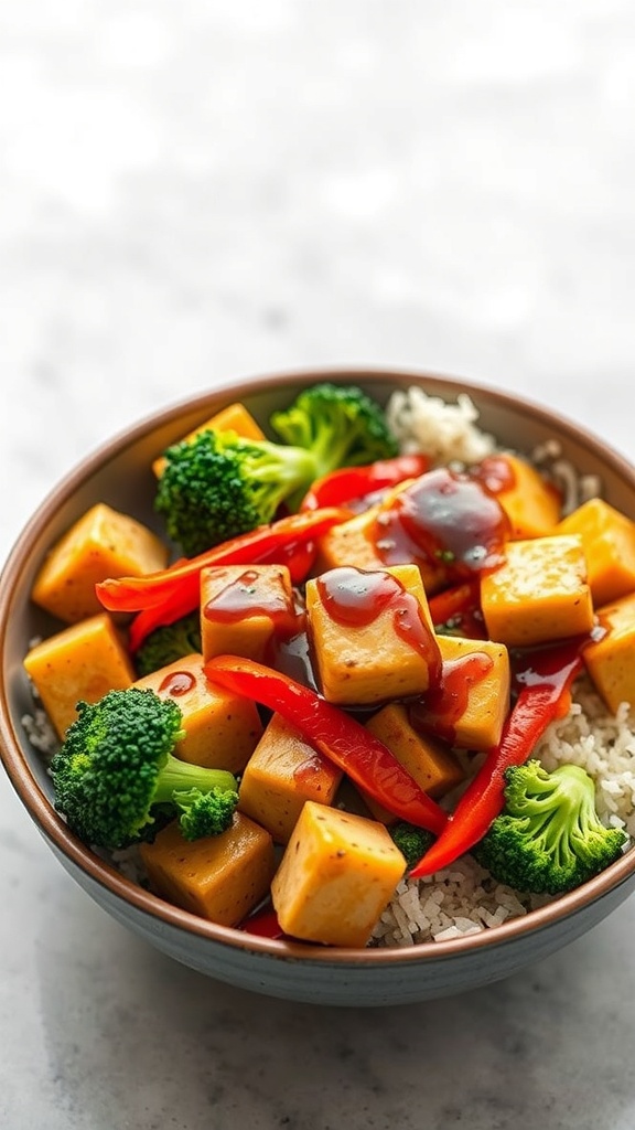 A colorful vegan stir-fry with tofu, broccoli, and red bell pepper served over rice.