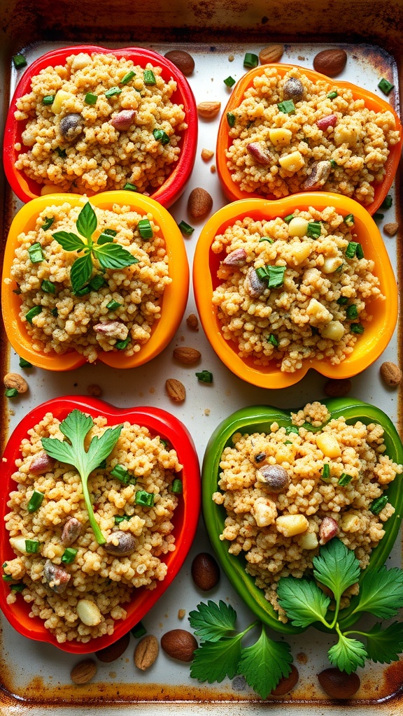 Colorful vegan stuffed peppers filled with quinoa and beans, garnished with fresh herbs.