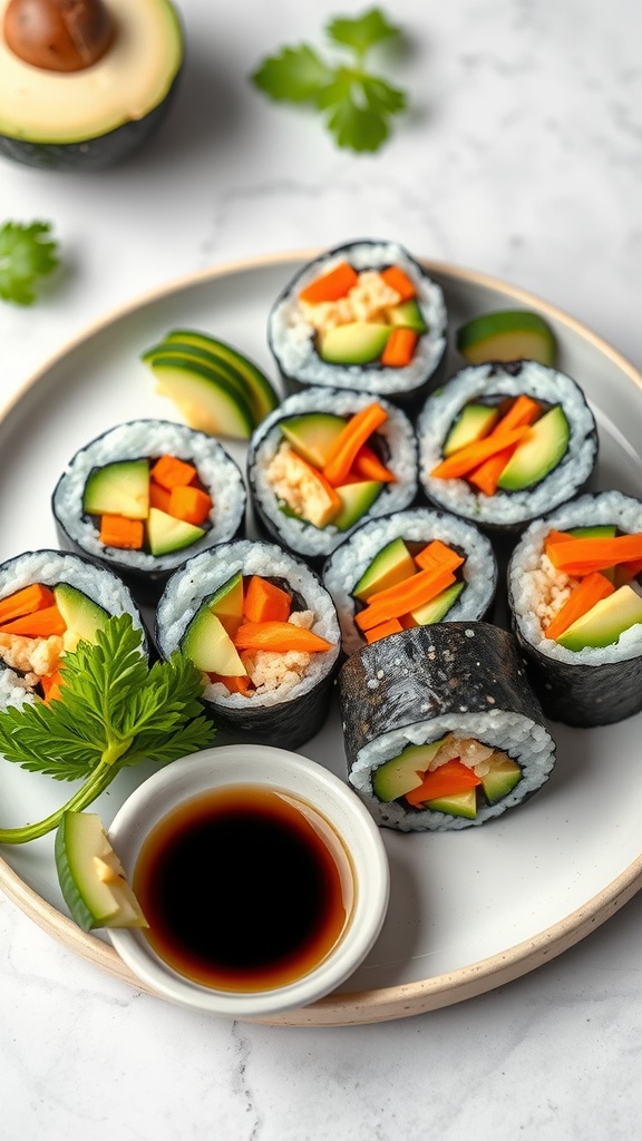 A plate of colorful vegan sushi rolls filled with vegetables and served with soy sauce.