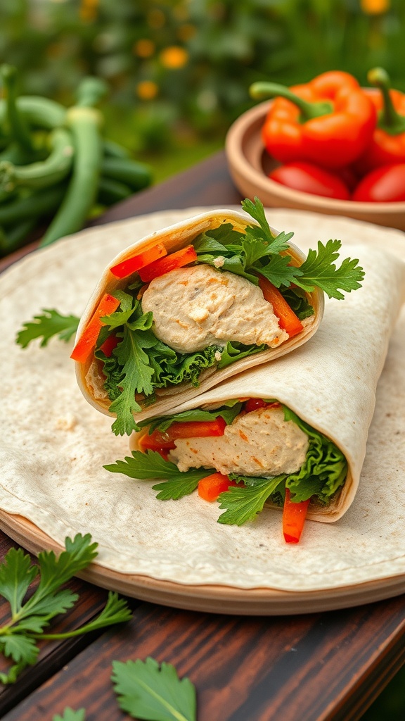 Vegetable-loaded lunch wraps with red peppers and greens