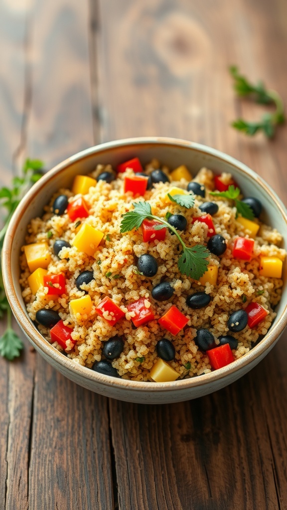 A colorful bowl of vegetable-packed quinoa pilaf, featuring quinoa, black beans, diced bell peppers, and corn.