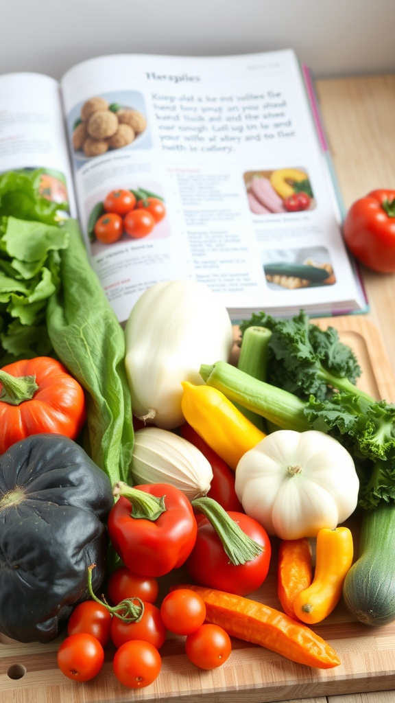 A variety of fresh vegetables including tomatoes, bell peppers, and leafy greens on a wooden cutting board with a cookbook in the background.