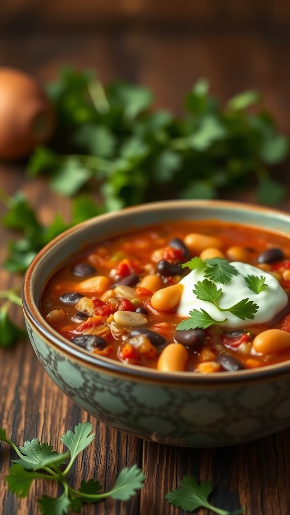 A steaming bowl of vegetable and bean chili garnished with fresh cilantro