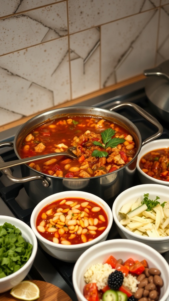 A pot of vegetable and bean chili with bowls of toppings on the side.