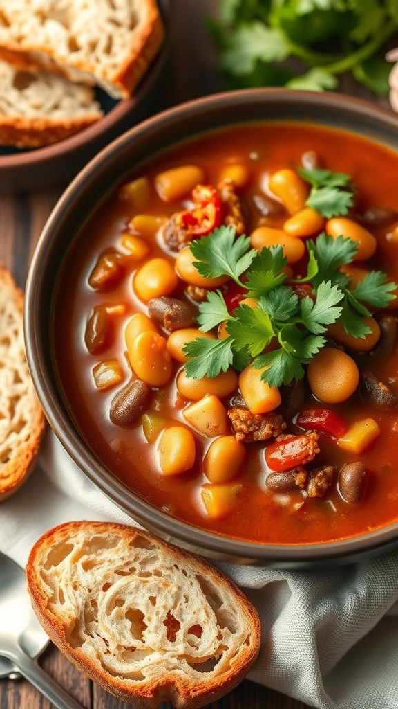 A bowl of vegetable and bean chili with fresh cilantro on top, served with slices of crusty bread.