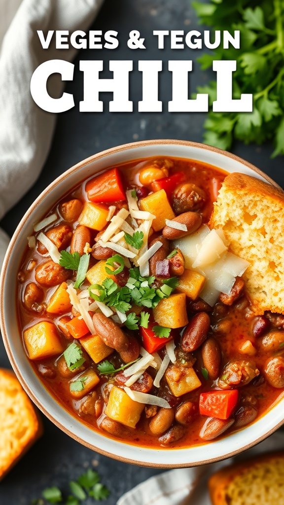 A bowl of vegetable and bean chili topped with fresh cilantro and served with cornbread.