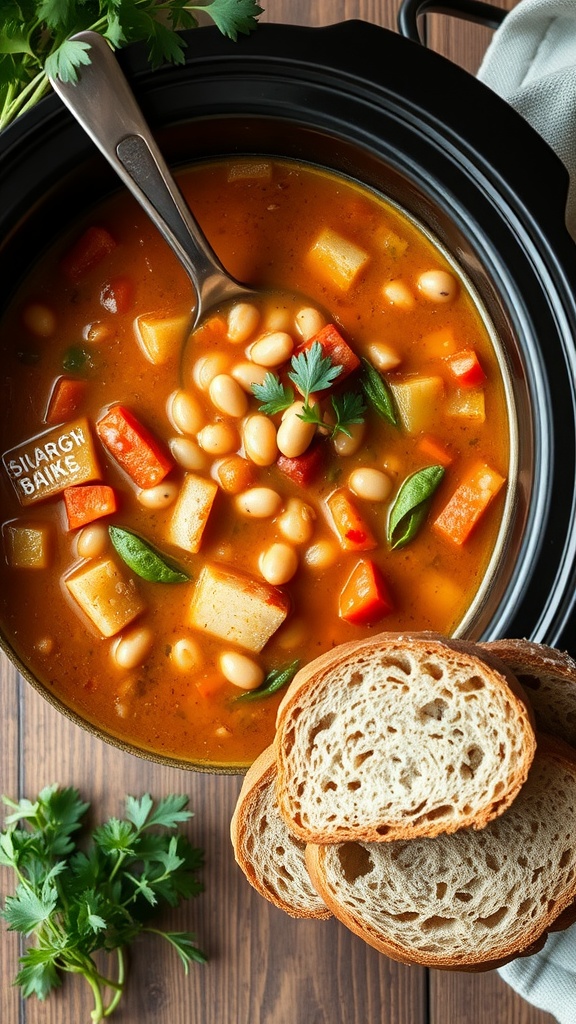 A bowl of vegetable and bean soup with a spoon and slices of bread on the side.