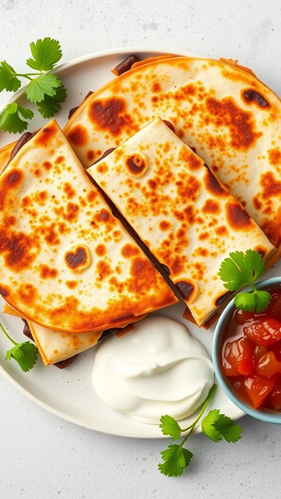 Vegetable and black bean quesadillas served with sour cream and salsa