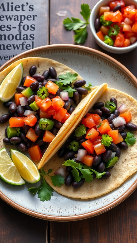 Delicious vegetable and black bean tacos with fresh toppings and lime wedges.