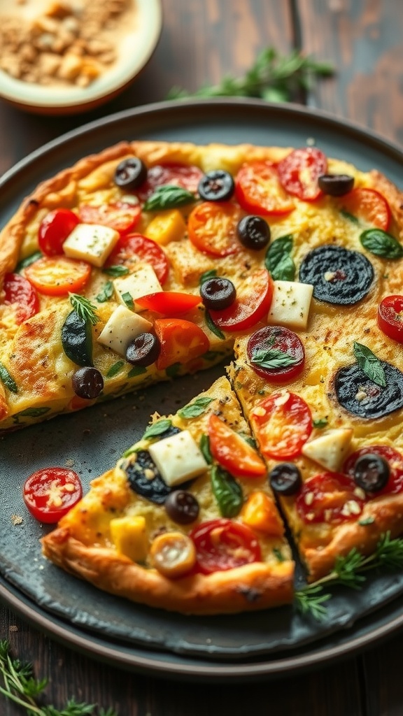 A colorful vegetable and cheese frittata, showcasing bright tomatoes, spinach, olives, and cheese on a plate.