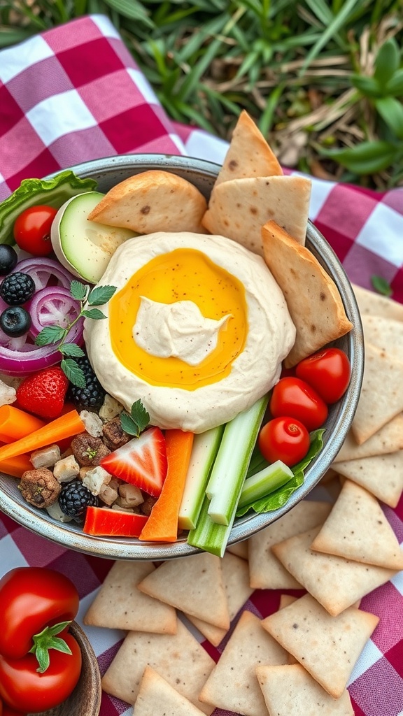 A colorful vegetable and hummus bowl with fresh veggies, hummus, and pita chips.