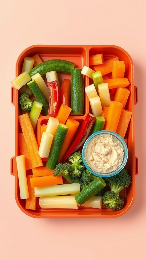 A lunchbox filled with colorful cut vegetables and a small bowl of hummus.
