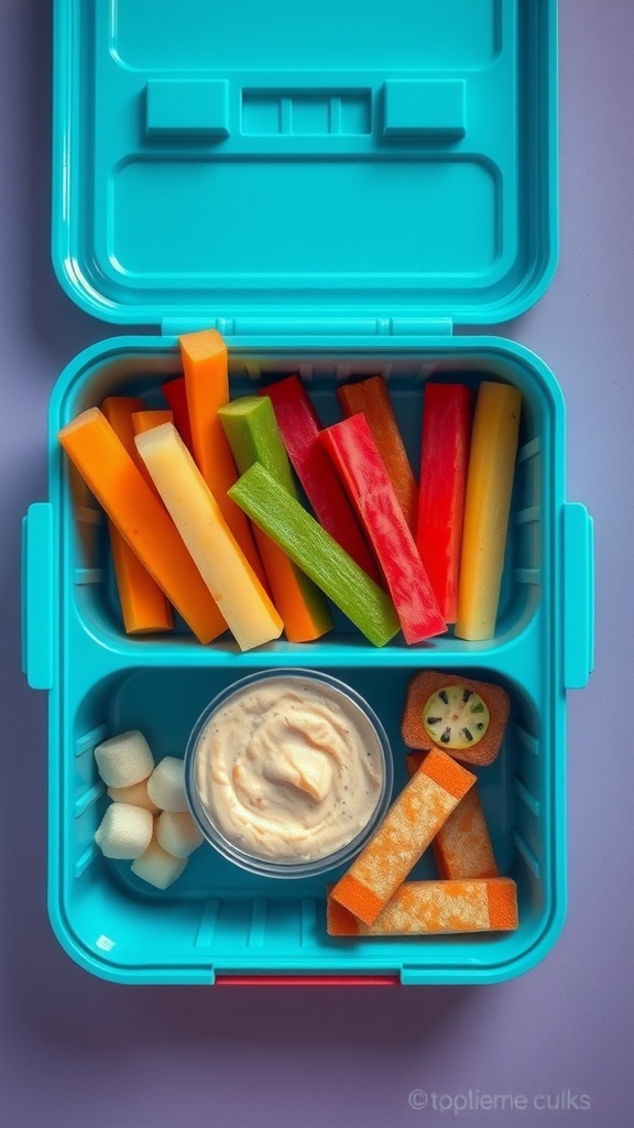 Colorful assortment of vegetable sticks and hummus in a lunchbox