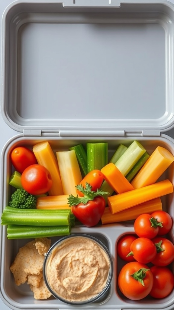 A lunchbox filled with colorful vegetables and a container of hummus.