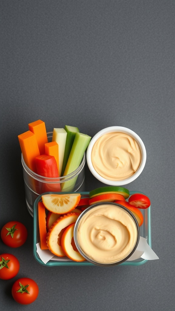 Colorful vegetable sticks and hummus in snack packs