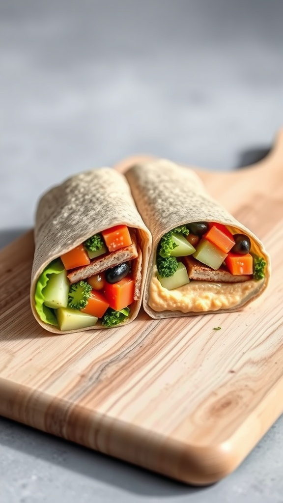 A close-up of a vegetable and hummus wrap, showcasing colorful vegetables inside a whole wheat tortilla.