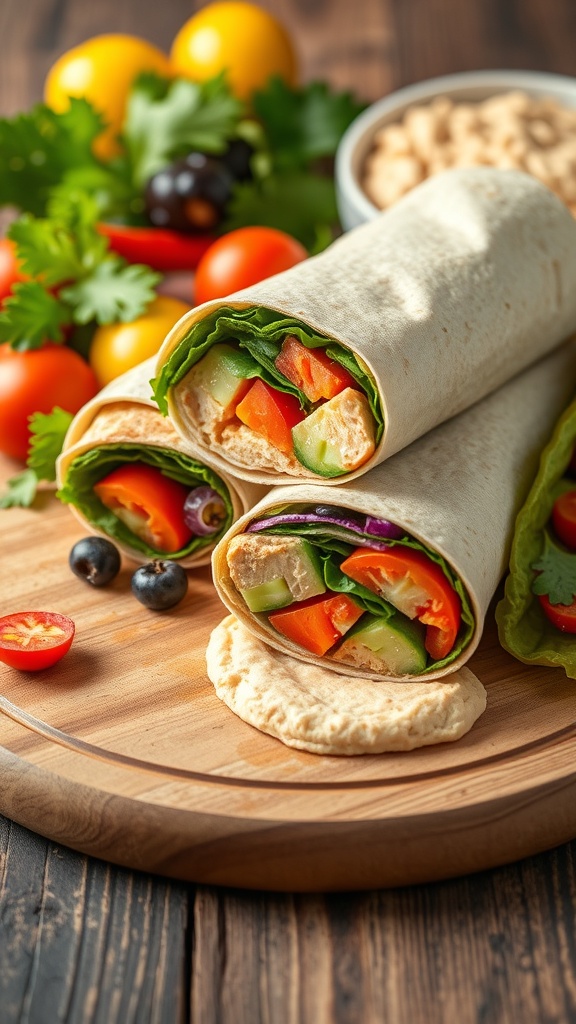 A colorful vegetable and hummus wrap on a wooden board with fresh ingredients in the background.