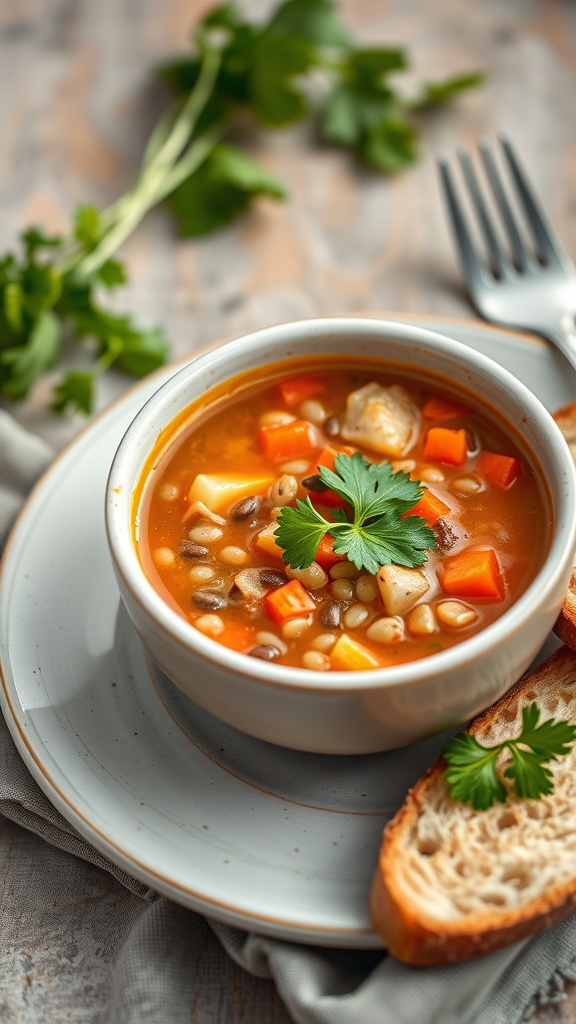 A bowl of colorful vegetable and lentil soup with fresh herbs on top.