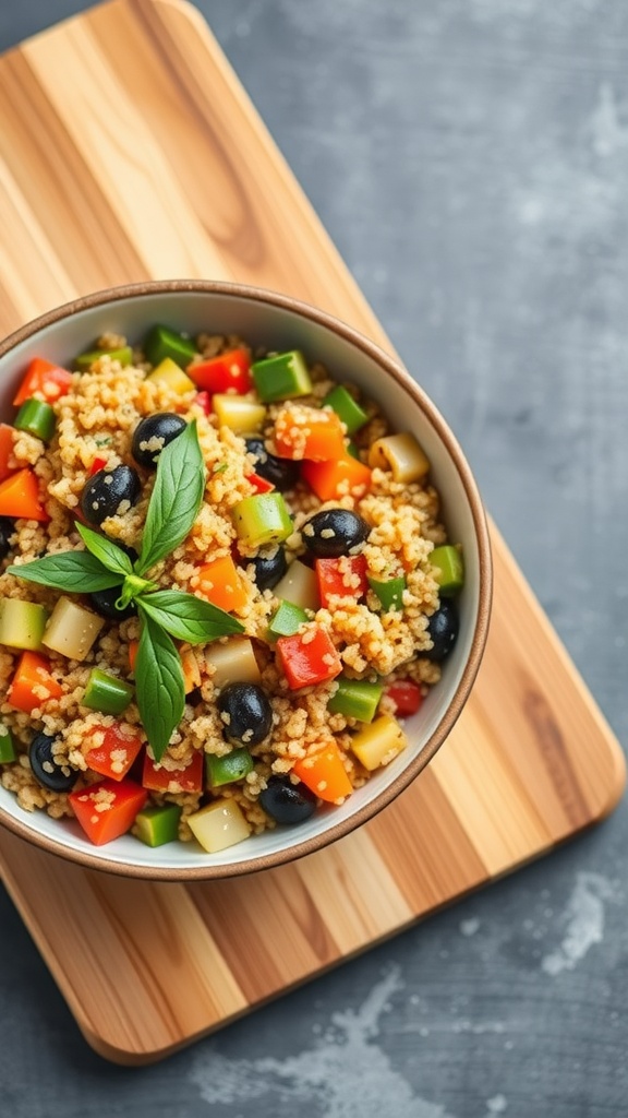 A colorful bowl of vegetable and quinoa stir-fry with fresh herbs on top.