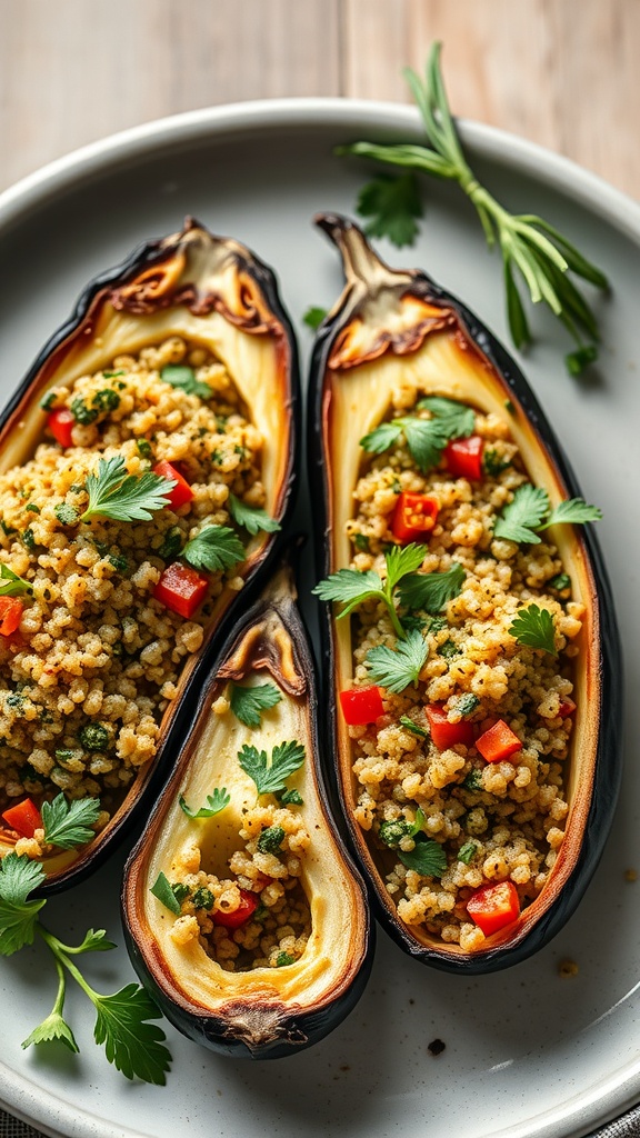 Stuffed eggplants filled with quinoa and vegetables on a plate