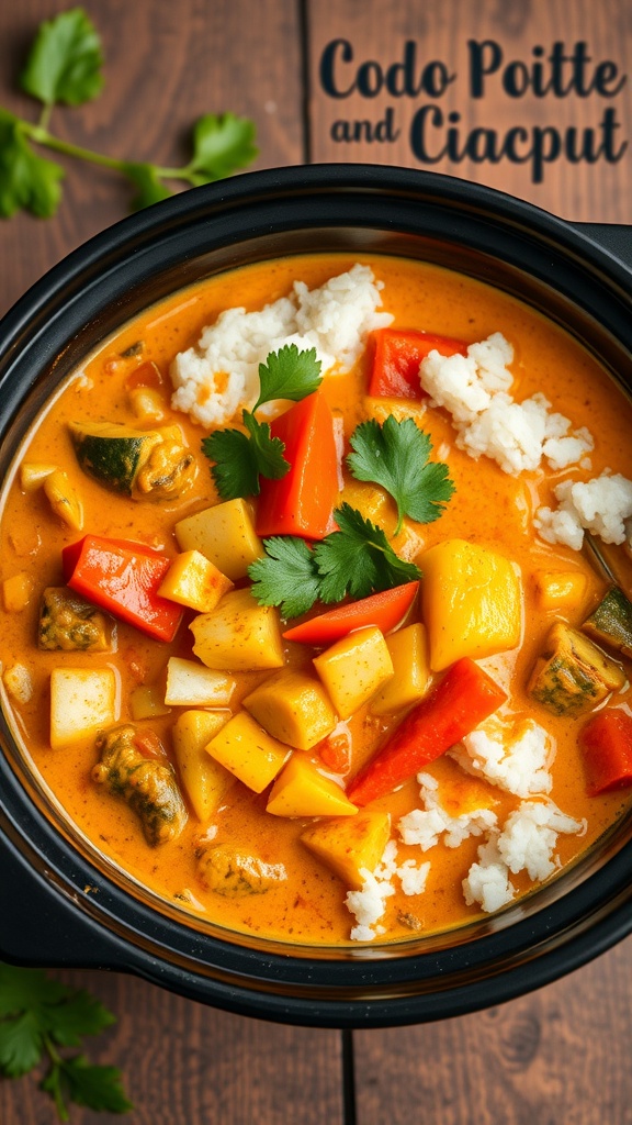 A bowl of vegetable curry with coconut milk, featuring colorful vegetables and garnished with cilantro.