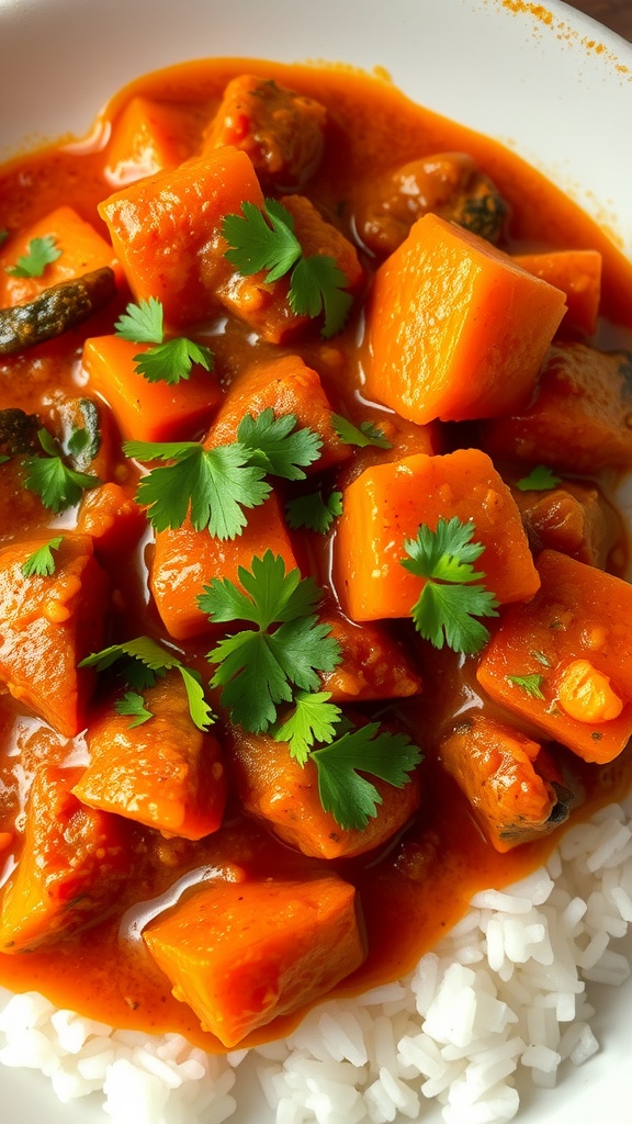 A bowl of vegetable curry served over rice, garnished with fresh cilantro.