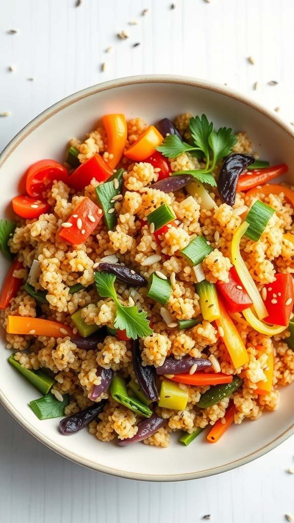 A bowl of colorful vegetable fried quinoa with bell peppers, green beans, and sesame seeds.