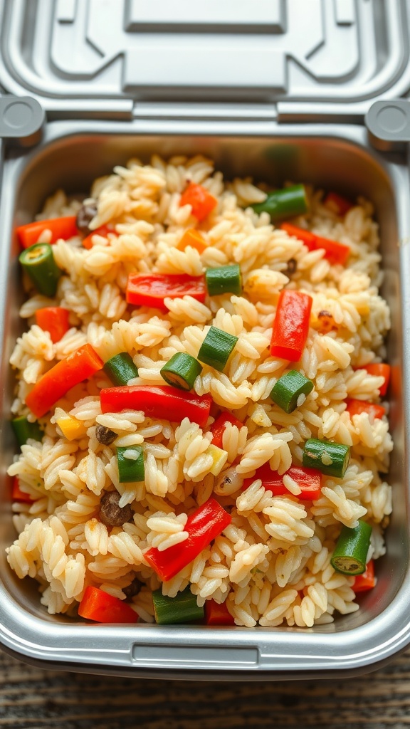 A container of colorful vegetable fried rice with bell peppers and green onions.
