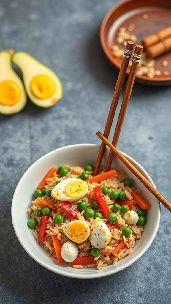 A bowl of vegetable fried rice with colorful vegetables and eggs, served with chopsticks.