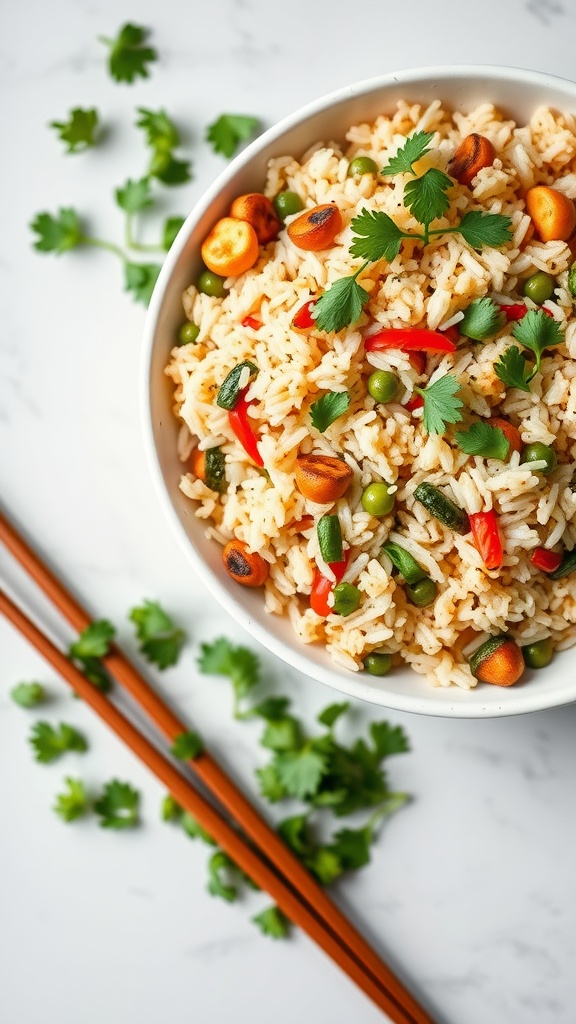 Bowl of vegetable fried rice with colorful veggies garnished with cilantro