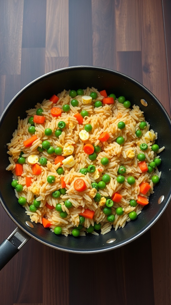 A pan of colorful vegetable fried rice with peas, carrots, and corn.
