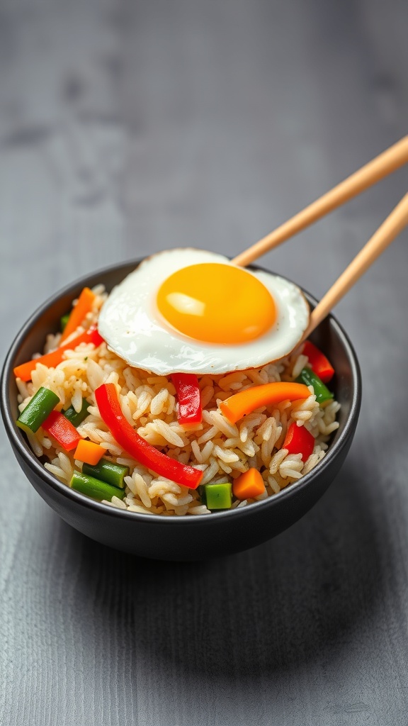 A bowl of vegetable fried rice topped with a sunny-side-up egg and colorful vegetables.