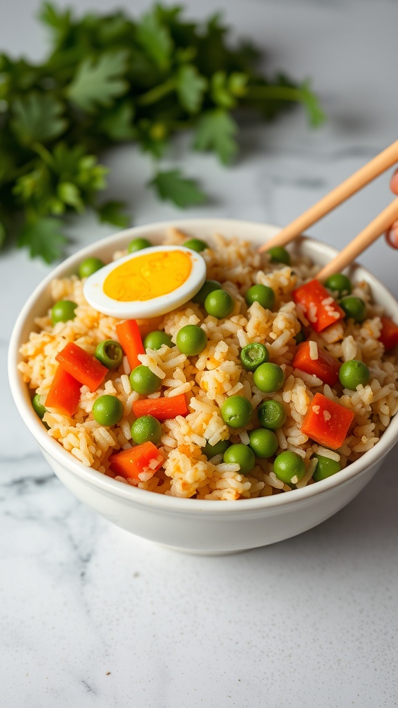 A bowl of vegetable fried rice with green peas, red peppers, and a soft-boiled egg on top.