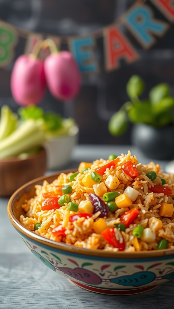 A bowl of colorful vegetable fried rice with various diced vegetables.