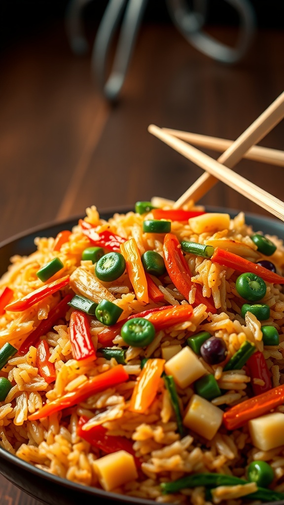 A bowl of colorful Vegetable Fried Rice garnished with green onions and served with chopsticks.