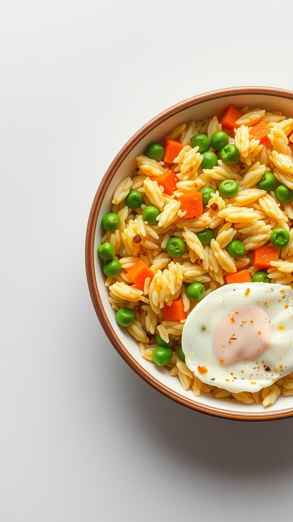 A bowl of colorful vegetable fried rice with an egg on top.
