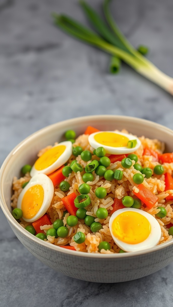 A bowl of colorful vegetable fried rice topped with sliced boiled eggs and green onions.